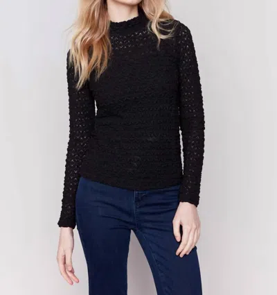 Charlie B Long Sleeve Mock Neck Lace Top In Black