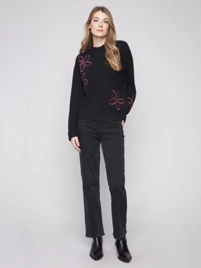 Charlie B Long Sleeve Mock Neck Sweater With Embroidered Flowers In Black