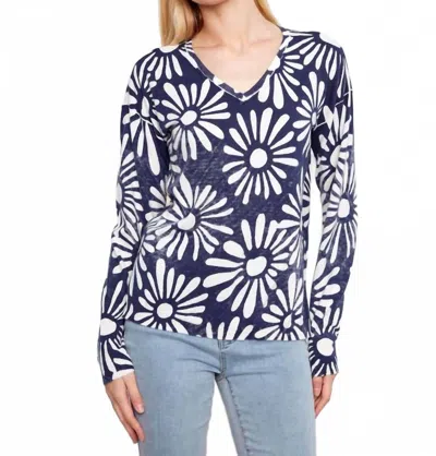 Charlie B Long Sleeve Reversible Printed V-neck Sweater In Navy In Blue