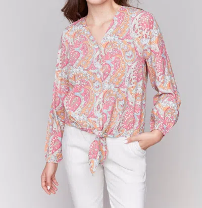 Charlie B Long Sleeve V-neck Front Tie Blouse In Paisley