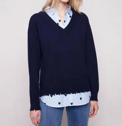 Charlie B Margaret Layered Poplin Sweater In Navy In Blue