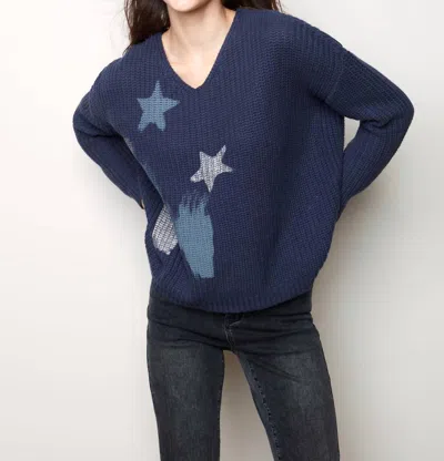 Charlie B Metalic Print V-neck Sweater In Denim Metallic Print In Multi