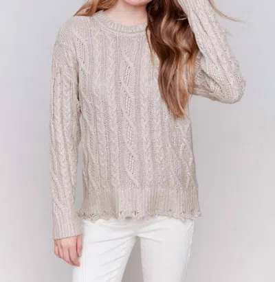 CHARLIE B METALLIC CABLE KNIT SWEATER IN CHAMPAGNE