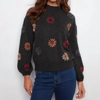 Charlie B Mock Neck Floral Embroidery Sweater In Heathered Charcoal In Multi