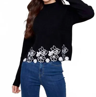Charlie B Mock Neck Floral Lace Hem Sweater In Black