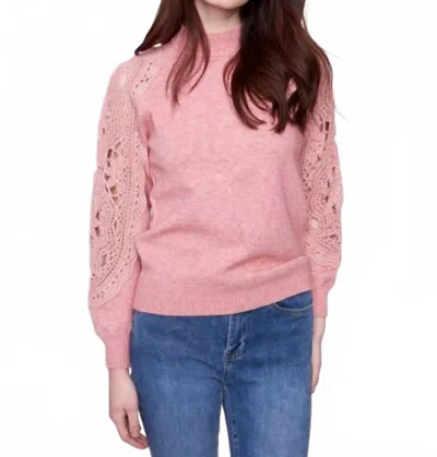 Charlie B Mock Neck Raglan Sweater With Crochet Sleeves In Primrose In Pink