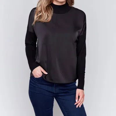 Charlie B Mock Neck Satin-knit Combo Sweater In Noir In Black