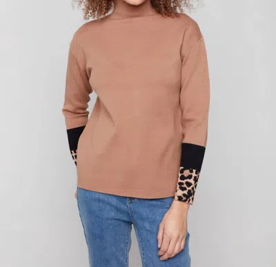 Charlie B Mock Neck Sweater With Animal Print Sleeve Details In Black