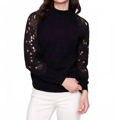 Charlie B Mock Neck Sweater With Crochet Sleeves In Black