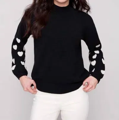Charlie B Mock Neck Sweater With Hearts On Sleeves In Black In Animal Print