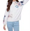 Charlie B Mock Neck Sweater With Placed Print In Heather Light Grey In White