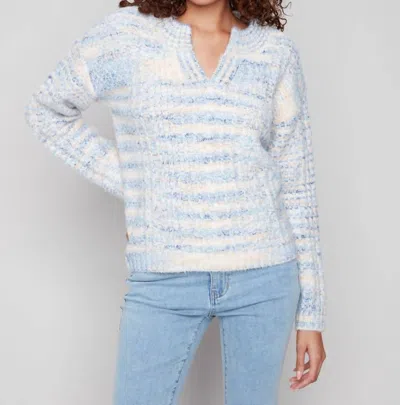 Charlie B Notch Neck Cable Knit Sweater In Denim In Multi