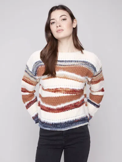 Charlie B Patchwork Knit Long Sleeve Sweater In Sepia In Multi