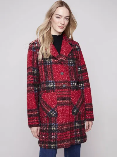 Charlie B Plaid Boucle Knit Coat In Red In Burgundy