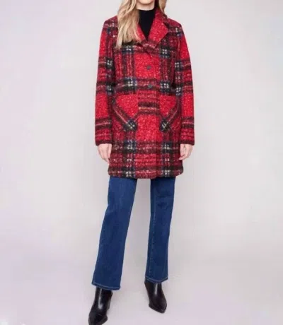 Charlie B Plaid Boucle Knit Coat In Red
