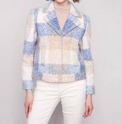 Charlie B Plaid Boucle Knit Short Jacket With Hidden Snaps And Welt Pockets In Oxford In Blue