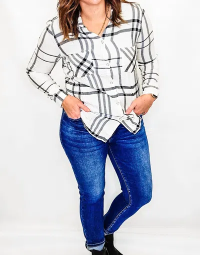 Charlie B Plaid Button Up Top In Ecru Cream / Black