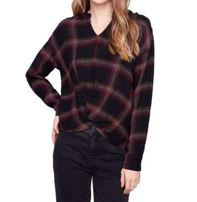 Charlie B Plaid Double Gauze Blouse With Front Knot In Fuschia In Brown