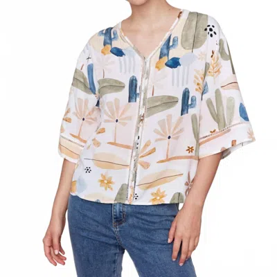 Charlie B Printed 3/4 Sleeve Blouse With Ladder Stitch Detail In Cactus