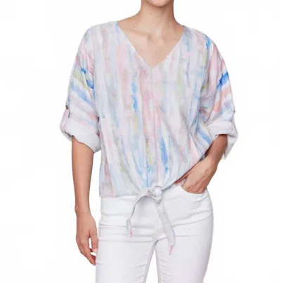 Charlie B Printed 3/4 Sleeve Top With Front Tie In Watercolor