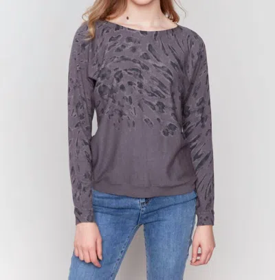 Charlie B Printed Boat Neck Dolman Sleeve Sweater In Charcoal In Pink