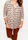 Charlie B Printed Button Up Top In Brown/navy