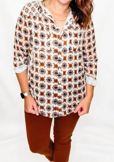 Charlie B Printed Button Up Top In Brown/navy