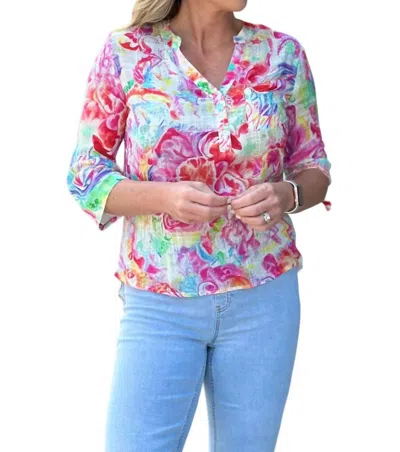 Charlie B Printed Cotton Gauze Blouse In Watercolor In Blue