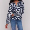 Charlie B Printed Cotton Long Sleeve Popover Blouse In Navy