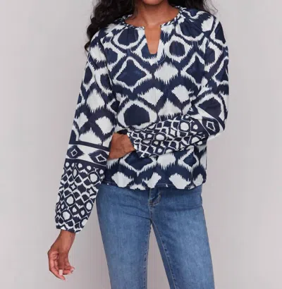 Charlie B Printed Cotton Long Sleeve Popover Blouse In Navy