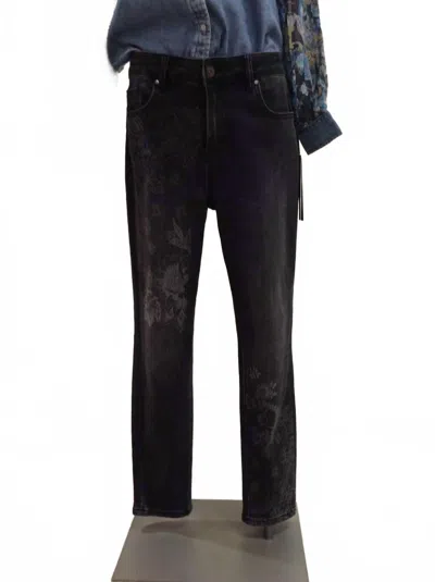 Charlie B Printed Embroidery Denim Pants In Charcoal In Black