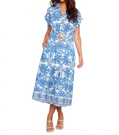 Charlie B Printed Eyelet Cotton Short Sleeve Dress With Belt At Waist In Astral In Multi