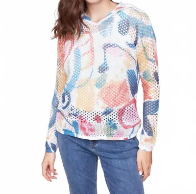 Charlie B Printed Fishnet Crochet Hooded Sweater In Abstract In Multi