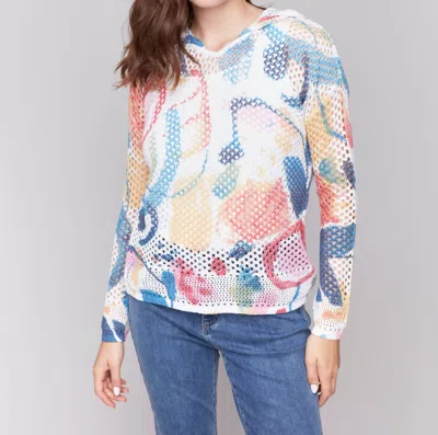 Charlie B Printed Fishnet Crochet Hoodie Sweater In Abstract