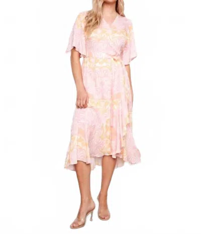 Charlie B Printed Flutter Wrap Dress With Self Belt In Maeva In Pink