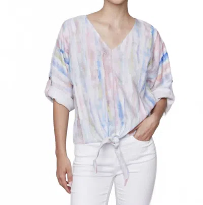 Charlie B Printed Front Tie Top In Watercolor In Blue