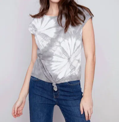 Charlie B Printed Jersey Front Knot Sleeveless Tee Top In Celadon In Gray