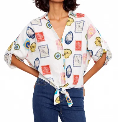 Charlie B Printed Linen Blend Front-tie Blouse With Roll-up Sleeves In Postcard In Multi