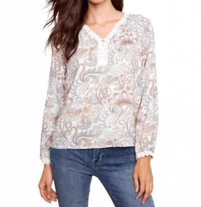 Charlie B Printed Linen Blend Raglan Blouse With Crochet Trim In Chintz In Gray