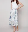 Charlie B Printed Linen Long Skirt In Basil In Multi