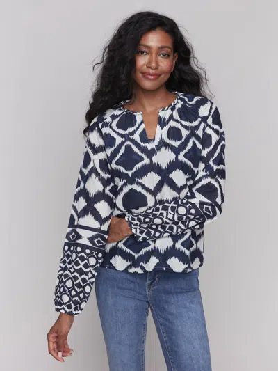 Charlie B Printed Long Sleeve Popover Blouse In Marine In Blue