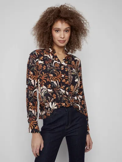 Charlie B Printed Long Sleeve Shirt With Twisted Front In Batik In Multi