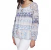 Charlie B Printed Raglan Sleeve Blouse With Elastic At Cuff In Roots In Blue