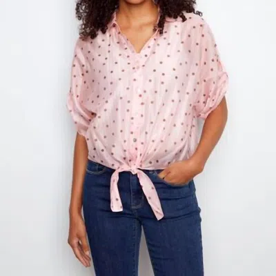 Charlie B Printed Roll Up Dolman Sleeve Tie Front Blouse In Rose In Multi