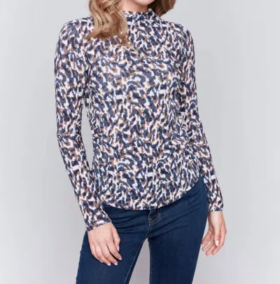 Charlie B Printed Ruched Mock Neck Top In Safari In Multi