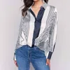 Charlie B Printed Satin With Front Twist Detail Top In Retro/retro