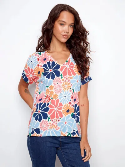 Charlie B Printed Short Sleeve V-neck T-shirt In Retro Multicolor