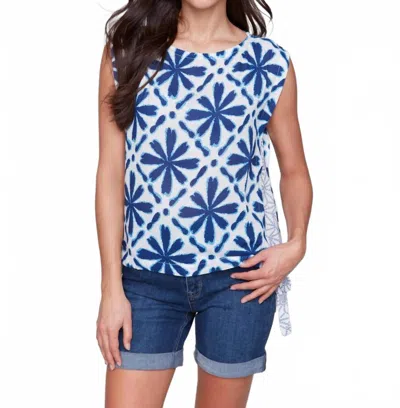 Charlie B Printed Sleeveless Crew Neck Top With Cord In Blue In Multi