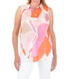 Charlie B Printed Sleeveless Front Tie Cotton Shirt In Punch In Pink
