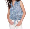 Charlie B Printed Sleeveless Front Tie Cotton Shirt In Stars In Blue